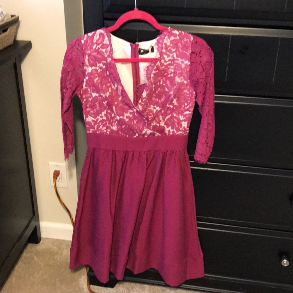 Purple lace top low v dress new with tags